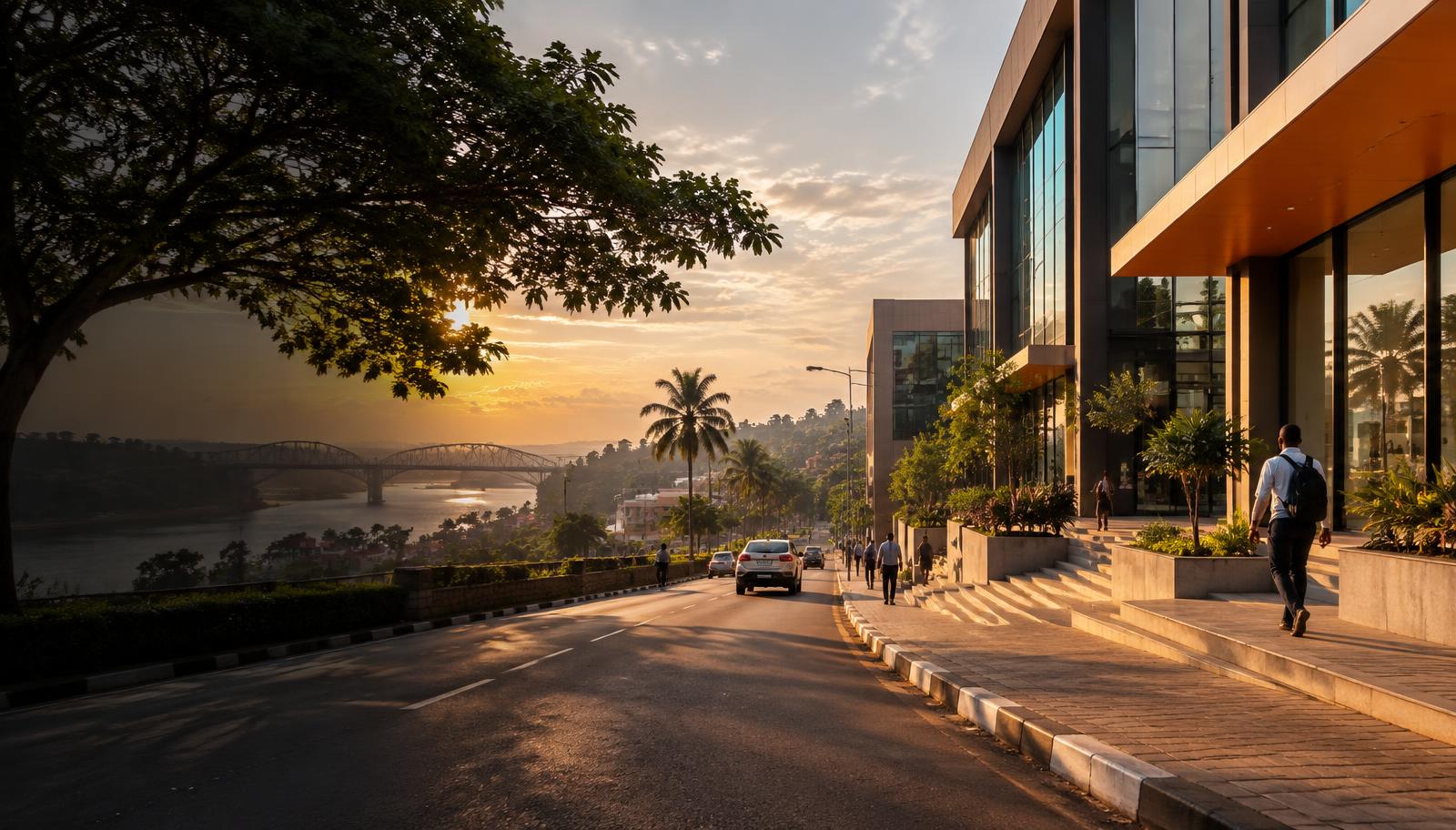 An architectural streetscape representing AB's base in Jinja